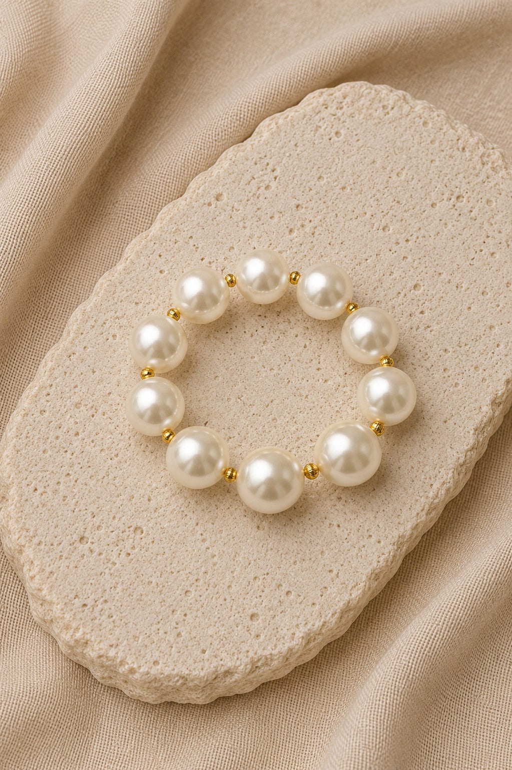 Pulseira de perolas com entremeio bolinhas banho ouro 18